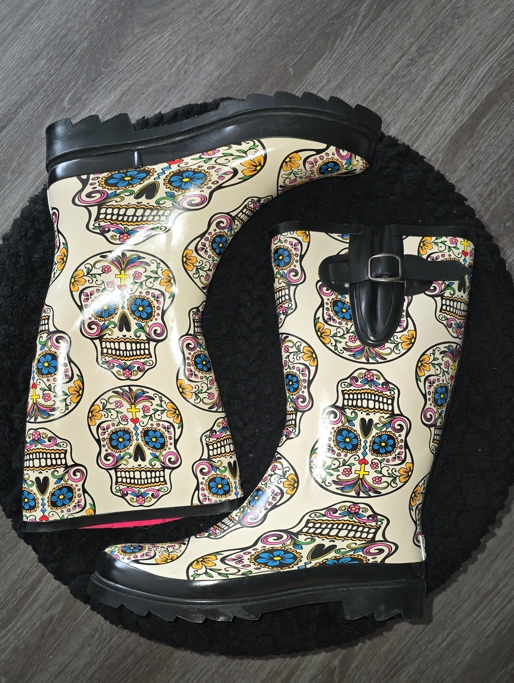 Women’s Cream Sugar Skull Rain Boots with Black Trim and Buckle